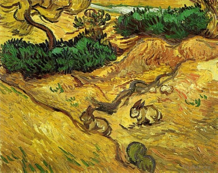 Vincent van Gogh Oil Painting - Field with Two Rabbits