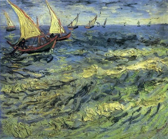 Vincent van Gogh Oil Painting - Seascape at Saintes-Maries (Fishing Boats at Sea)