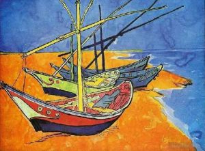 Artist Vincent van Gogh's Work - Fishing Boats on the Beach at Saintes Maries de la Mer