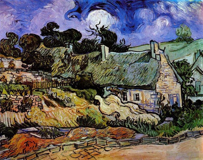 Vincent van Gogh Oil Painting - Houses with Thatched Roofs Cordeville
