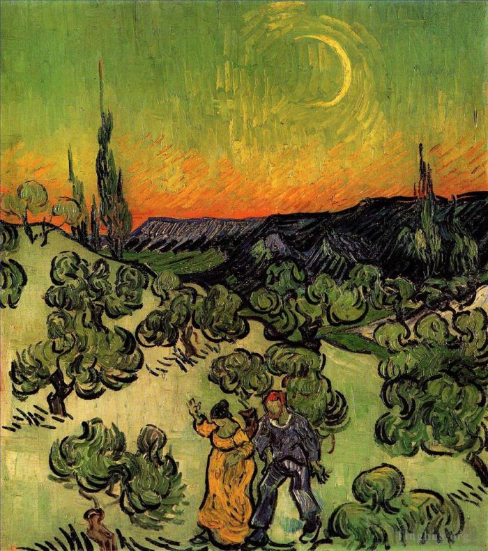 Vincent van Gogh Oil Painting - Landscape with Couple Walking and Crescent Moon