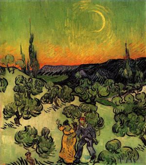 Artist Vincent van Gogh's Work - Landscape with Couple Walking and Crescent Moon