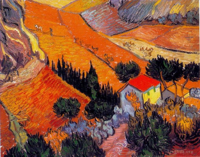 Vincent van Gogh Oil Painting - Landscape with House and Ploughman
