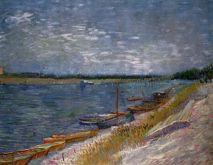 Vincent van Gogh Oil Painting - Moored Boats (View of a River with Rowing Boats)