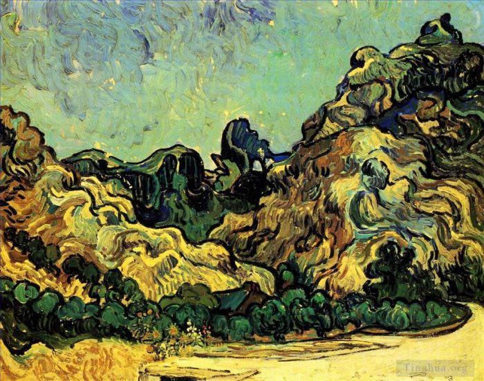 Vincent van Gogh Oil Painting - Mountains at Saint Remy with Dark Cottage
