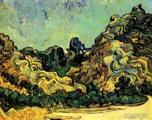 Artist Vincent van Gogh's Work - Mountains at Saint Remy with Dark Cottage