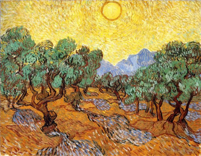 Vincent van Gogh Oil Painting - Olive Trees with Yellow Sky and Sun