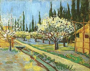 Artist Vincent van Gogh's Work - Orchard in Blossom Bordered by Cypresses