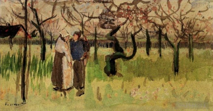 Vincent van Gogh Oil Painting - Orchard in Blossom with Two Figures Spring