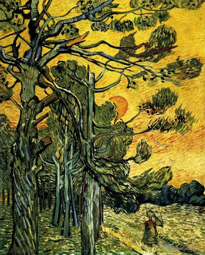 Vincent van Gogh Oil Painting - Pine Trees against a Red Sky with Setting Sun