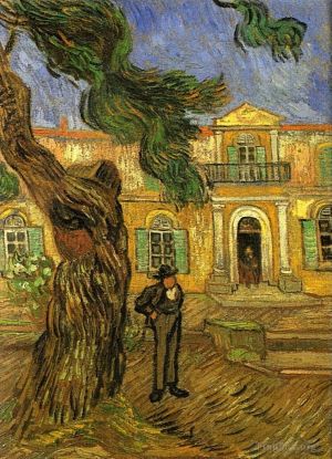 Artist Vincent van Gogh's Work - Pine Trees with Figure in the Garden of Saint Paul Hospital