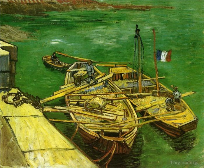 Vincent van Gogh Oil Painting - Quay with Men Unloading Sand Barges