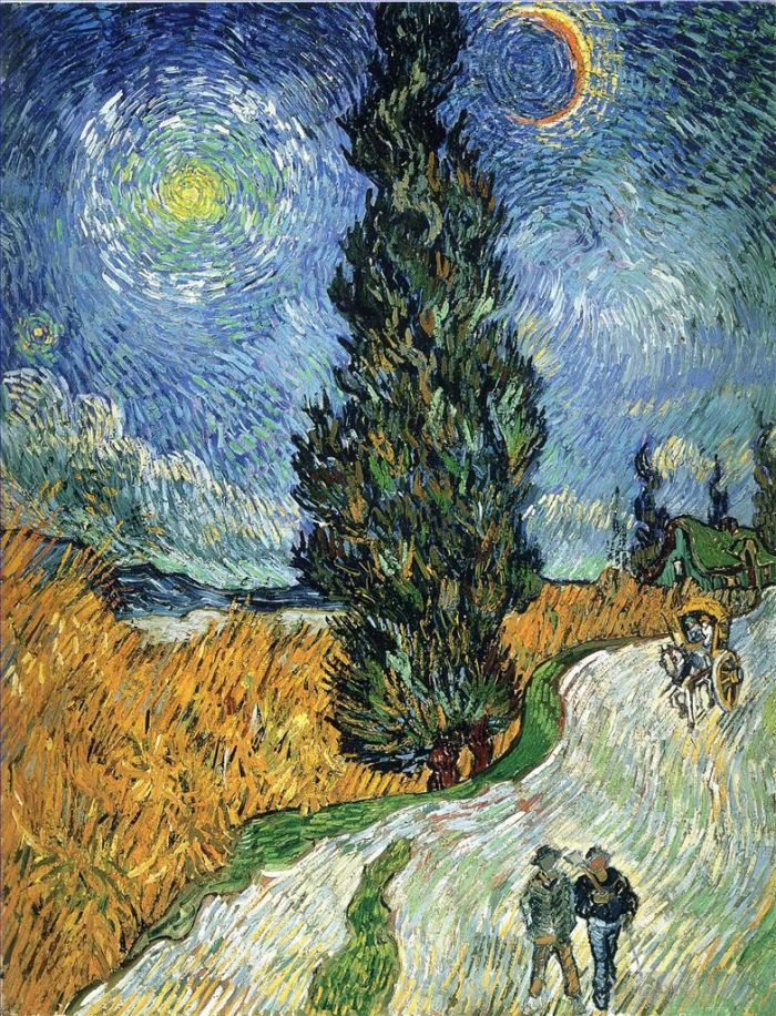 Vincent van Gogh Oil Painting - Road with Cypress and Star