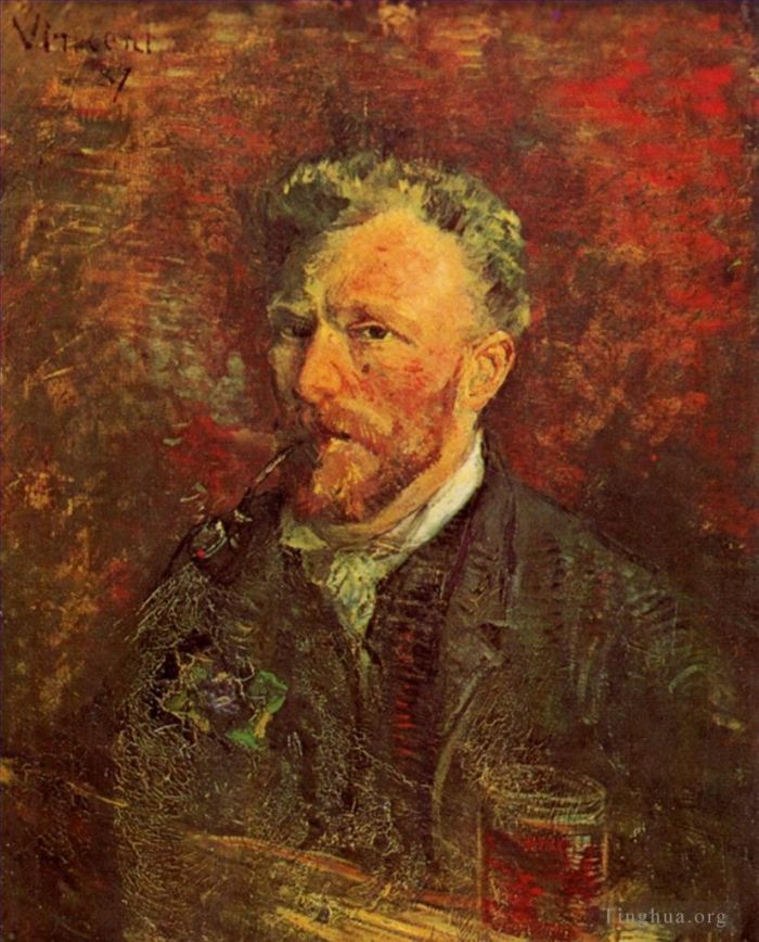 Vincent van Gogh Oil Painting - Self Portrait with Pipe and Glass
