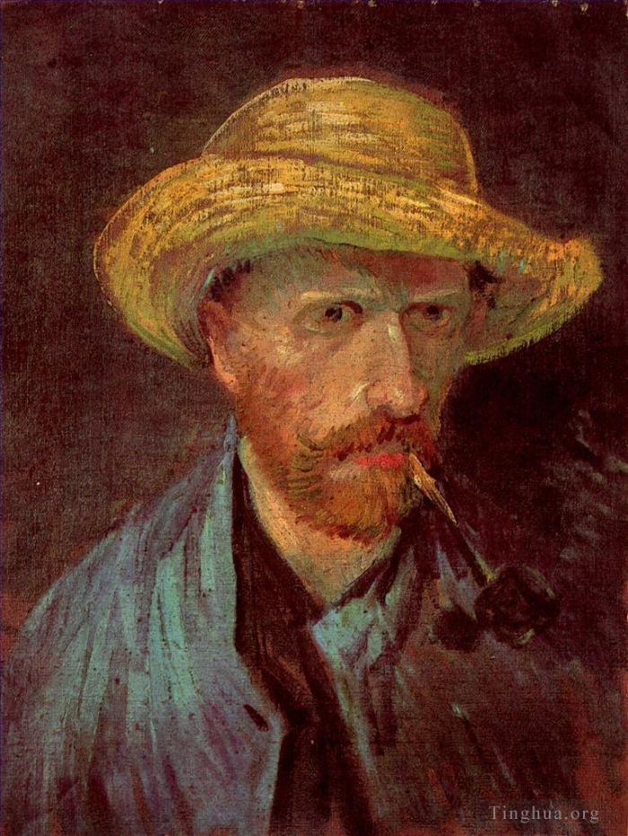 Vincent van Gogh Oil Painting - Self Portrait with Straw Hat and Pipe