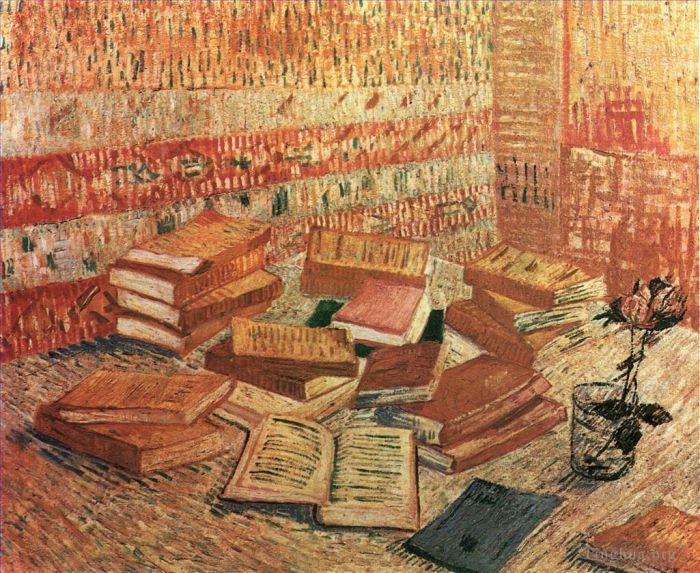 Vincent van Gogh Oil Painting - Still Life with Piles of French Novels and a Glass with a Rose (Romans Parisiens)