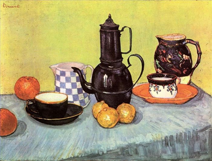 Vincent van Gogh Oil Painting - Still Life with Blue Enamel Coffeepot Earthenware and Fruit
