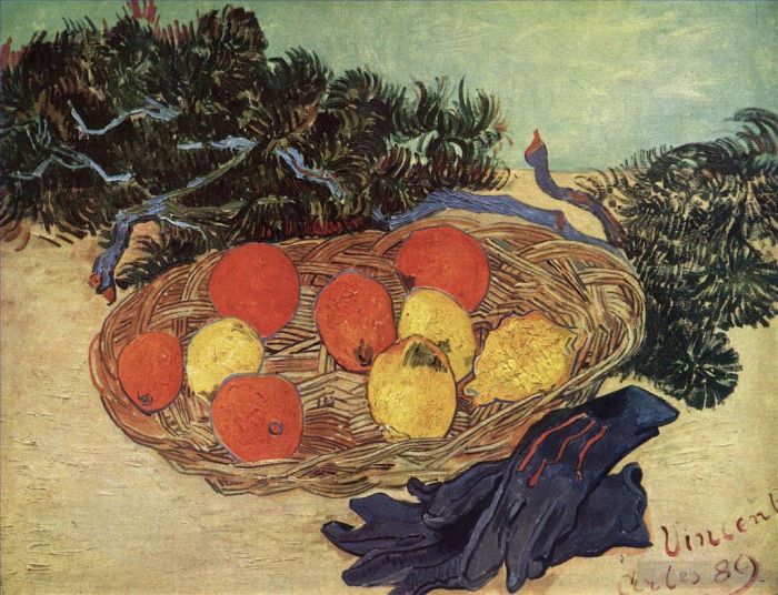 Vincent van Gogh Oil Painting - Still Life with Oranges and Lemons with Blue Gloves