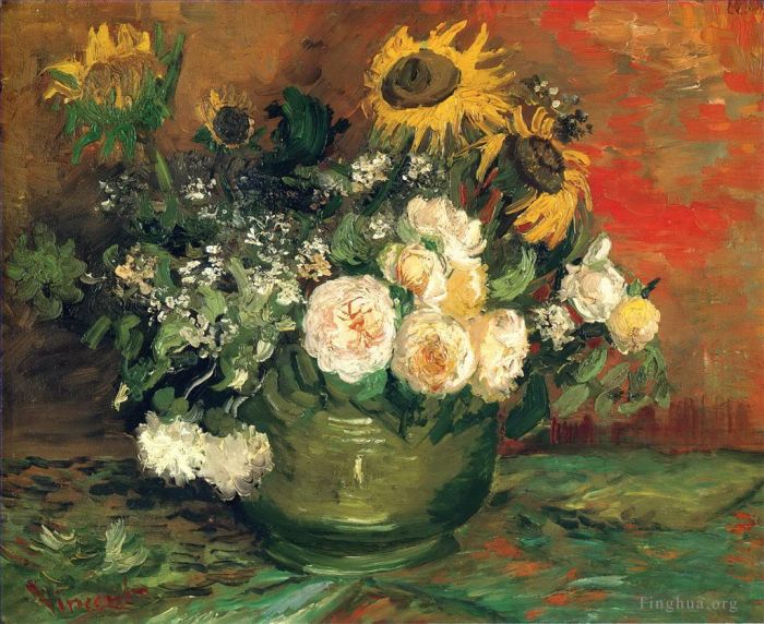 Vincent van Gogh Oil Painting - Still Life with Roses and Sunflowers