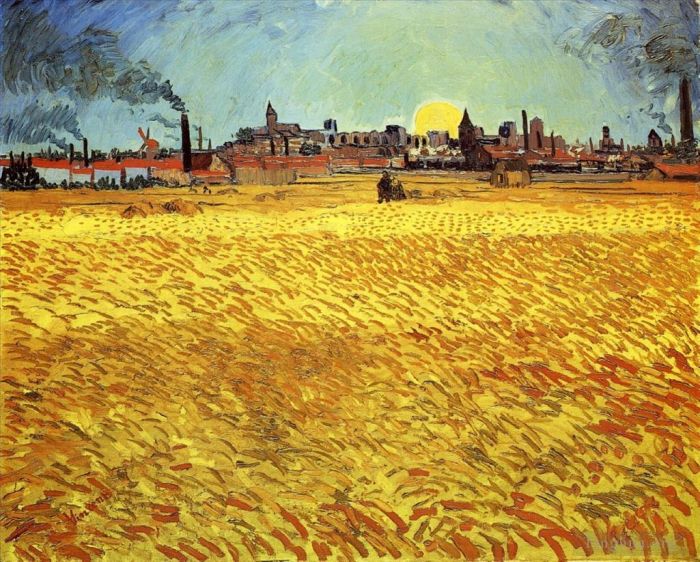 Vincent van Gogh Oil Painting - Summer Evening Wheatfield with Setting sun