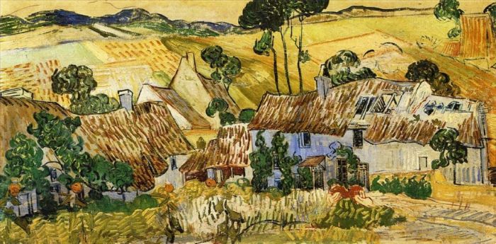 Vincent van Gogh Oil Painting - Thatched Houses against a Hill