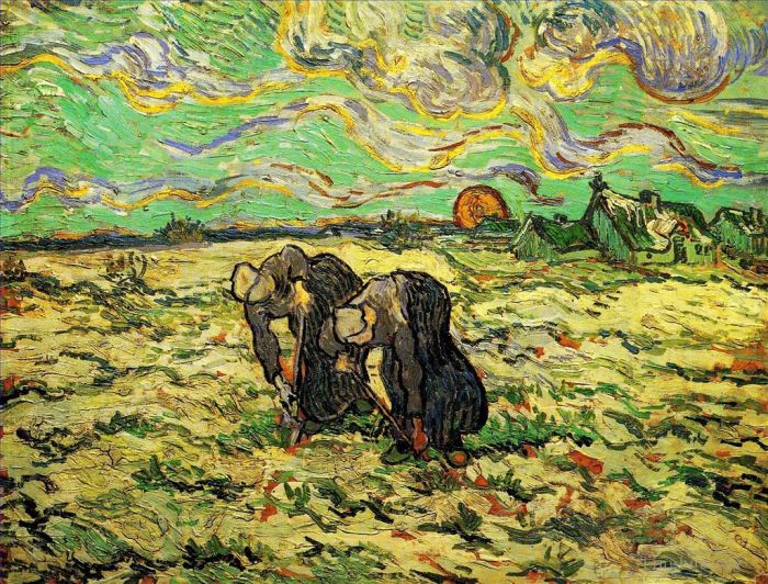 Vincent van Gogh Oil Painting - Two Peasant Women Digging in Field with Snow