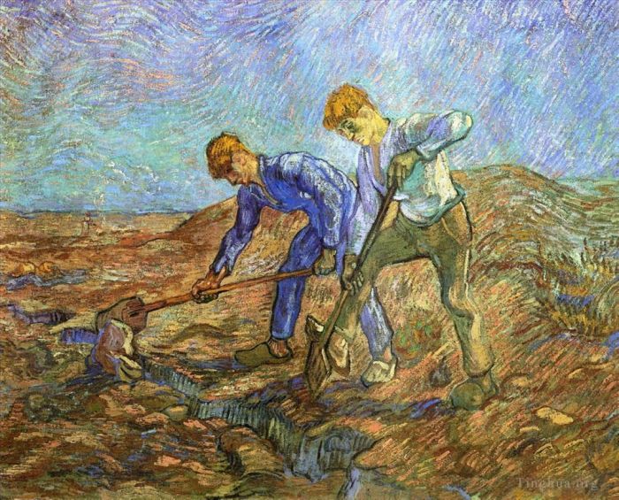 Vincent van Gogh Oil Painting - Two Peasants Diging after Millet