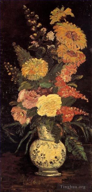 Artist Vincent van Gogh's Work - Vase with Asters Salvia and Other Flowers