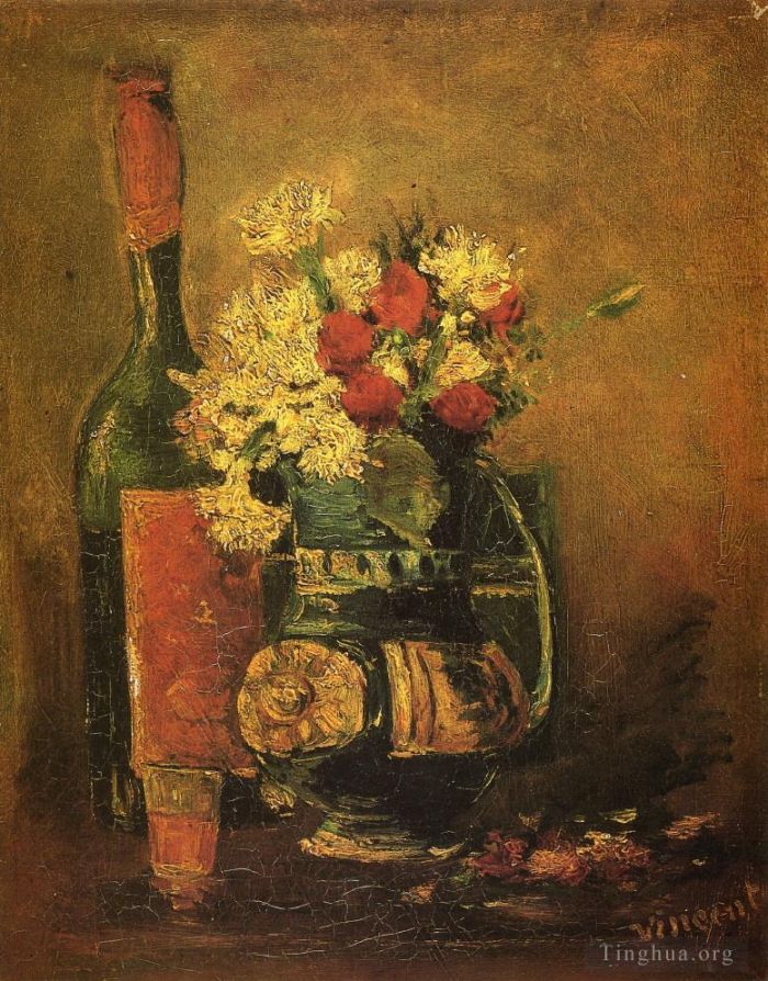 Vincent van Gogh Oil Painting - Vase with Carnations and Bottle