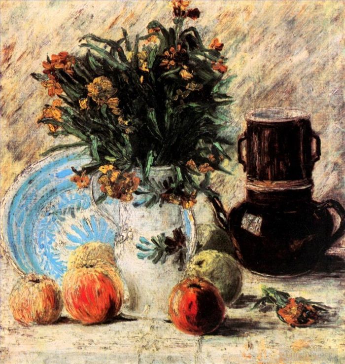 Vincent van Gogh Oil Painting - Vase with Flowers Coffeepot and Fruit
