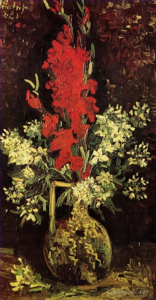 Vincent van Gogh Oil Painting - Vase with Gladioli and Carnations 2