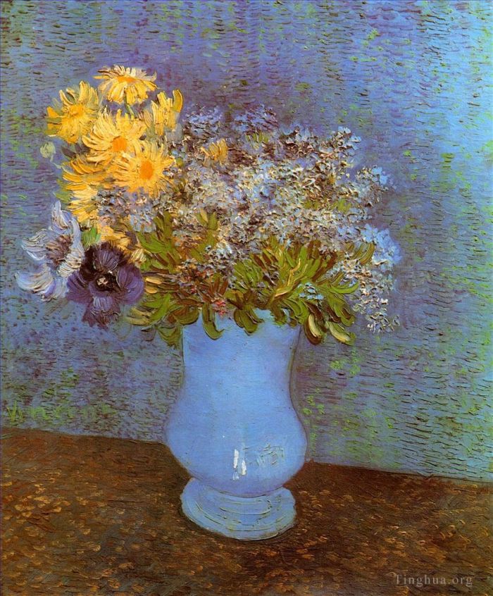 Vincent van Gogh Oil Painting - Vase with Lilacs Daisies and Anemones