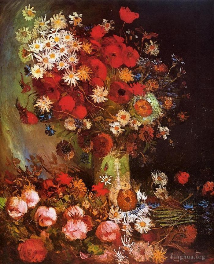 Vincent van Gogh Oil Painting - Vase with Poppies Cornflowers Peonies and Chrysanthemums
