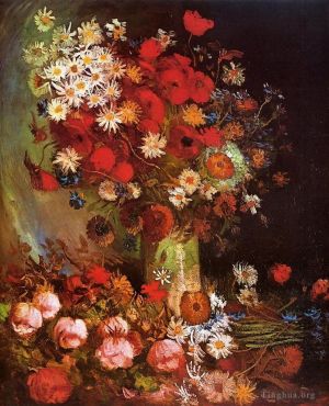 Artist Vincent van Gogh's Work - Vase with Poppies Cornflowers Peonies and Chrysanthemums