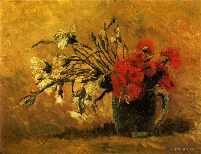 Vincent van Gogh Oil Painting - Vase with Red and White Carnations on a Yellow Background