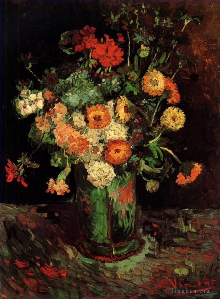 Vincent van Gogh Oil Painting - Vase with Zinnias and Geraniums