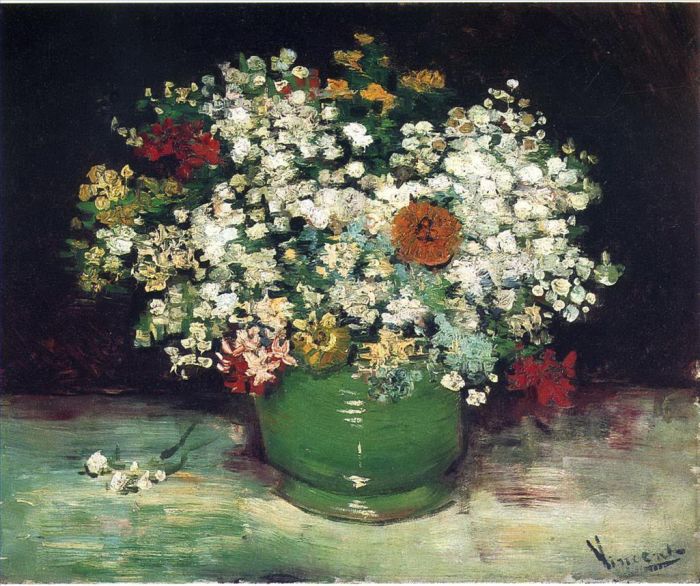 Vincent van Gogh Oil Painting - Vase with Zinnias and Other Flowers