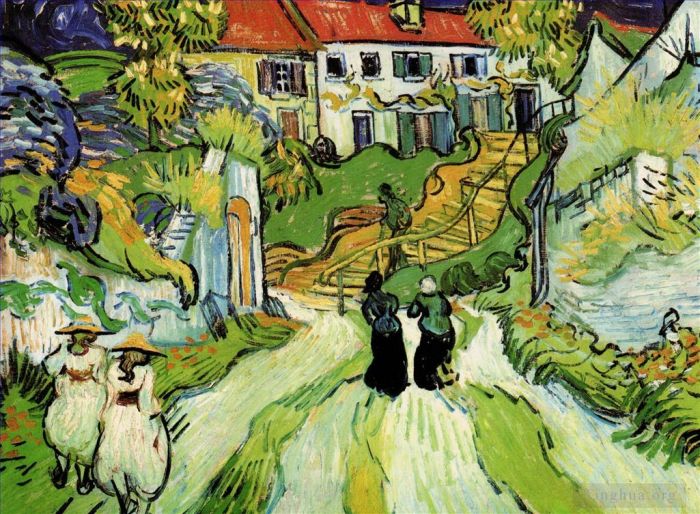 Vincent van Gogh Oil Painting - Village Street and Steps in Auvers with Figures