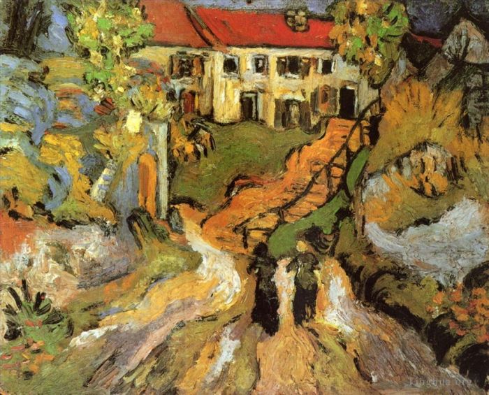 Vincent van Gogh Oil Painting - Village Street and Steps in Auvers with Two Figures