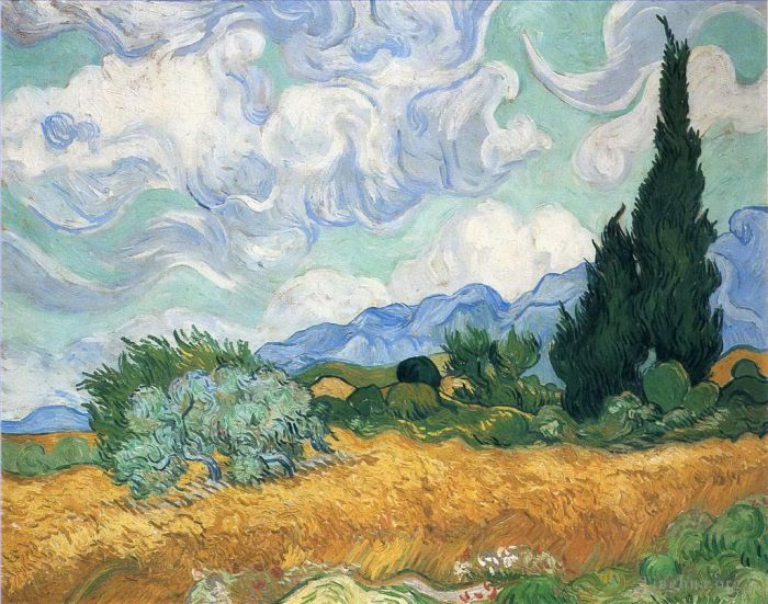 Vincent van Gogh Oil Painting - Wheatfield with cypress tree