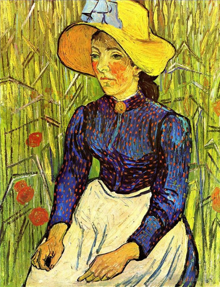 Vincent van Gogh Oil Painting - Young Peasant Girl in a Straw Hat sitting in front of a wheatfield