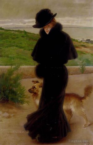 Artist Vittorio Matteo Corcos's Work - Matteo An Elegant Lady With Her Faithful Companion By The Beach