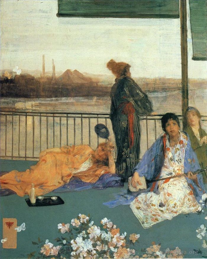 James Abbott McNeill Whistler Oil Painting - Variations in Flesh Colour and Green The Balcony