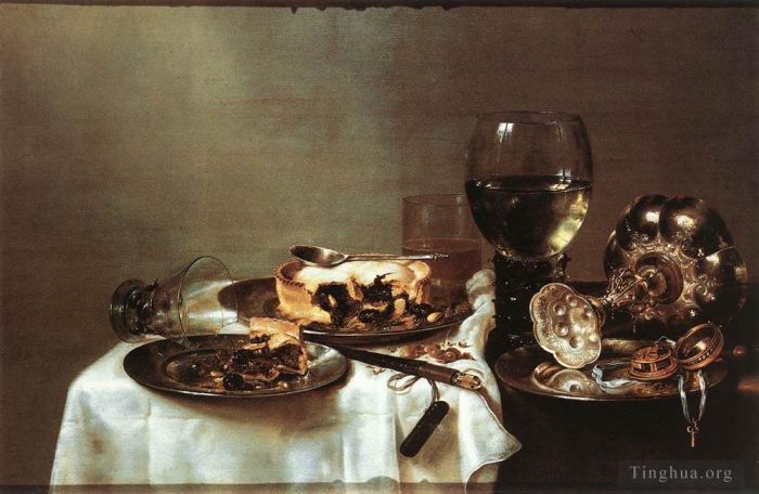 Willem Claeszoon Heda Oil Painting - Breakfast Table With Blackberry Pie