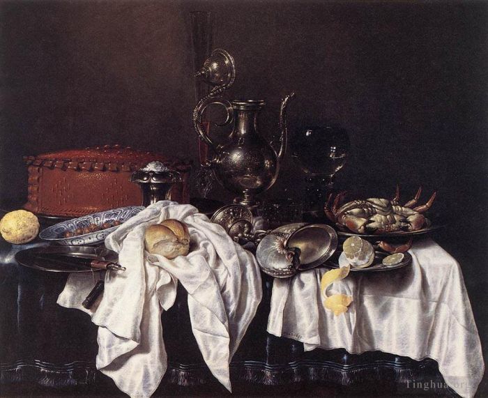 Willem Claeszoon Heda Oil Painting - Still Life With Pie Silver Ewer And Crab