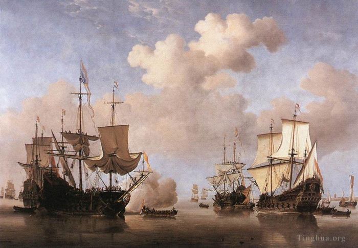 Willem van de Velde the Younger Oil Painting - Calm Dutch Ships Coming To Anchor