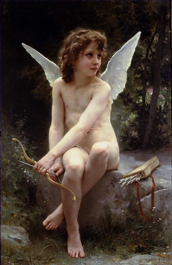 William-Adolphe Bouguereau Oil Painting - Amour a laffut angel