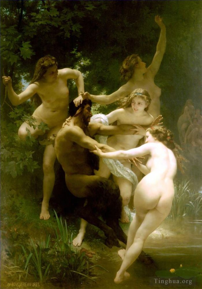 William-Adolphe Bouguereau Oil Painting - Nymphs and Satyr