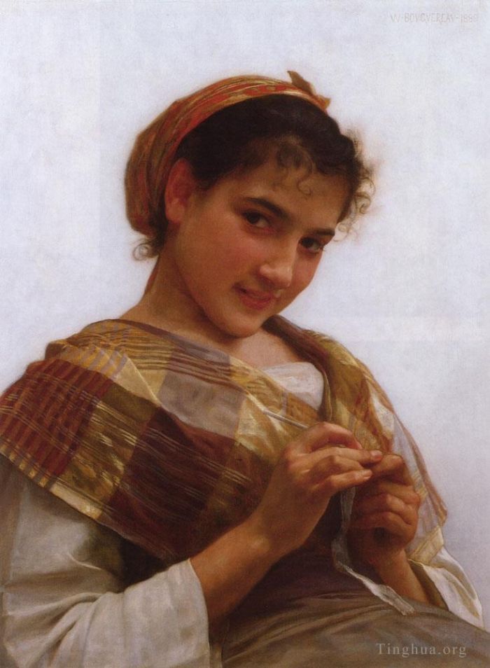 William-Adolphe Bouguereau Oil Painting - Portrait of a Young Girl Crocheting