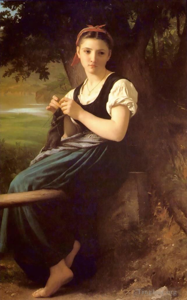 William-Adolphe Bouguereau Oil Painting - The Knitting Girl